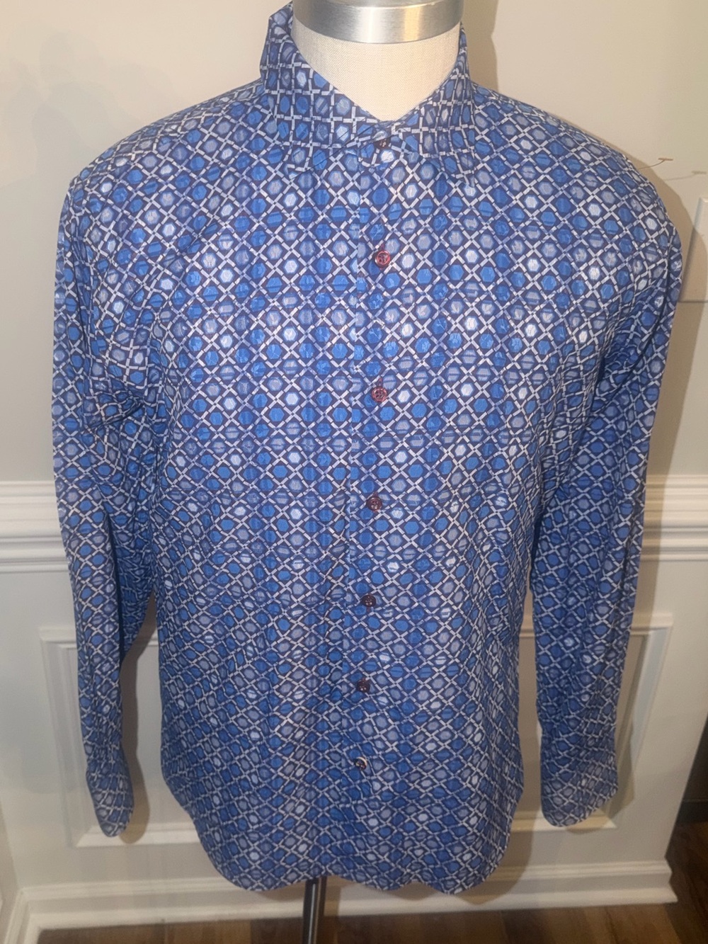 Men's Visconti Black Large Blue Geometric Casual Button-Down Shirt(128)